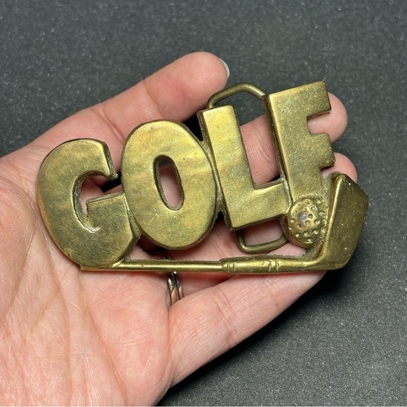Solid Brass Belt Buckle "GOLF" Block Letters Heavy Men’s Buckle Gold Tone - Picture 1 of 4
